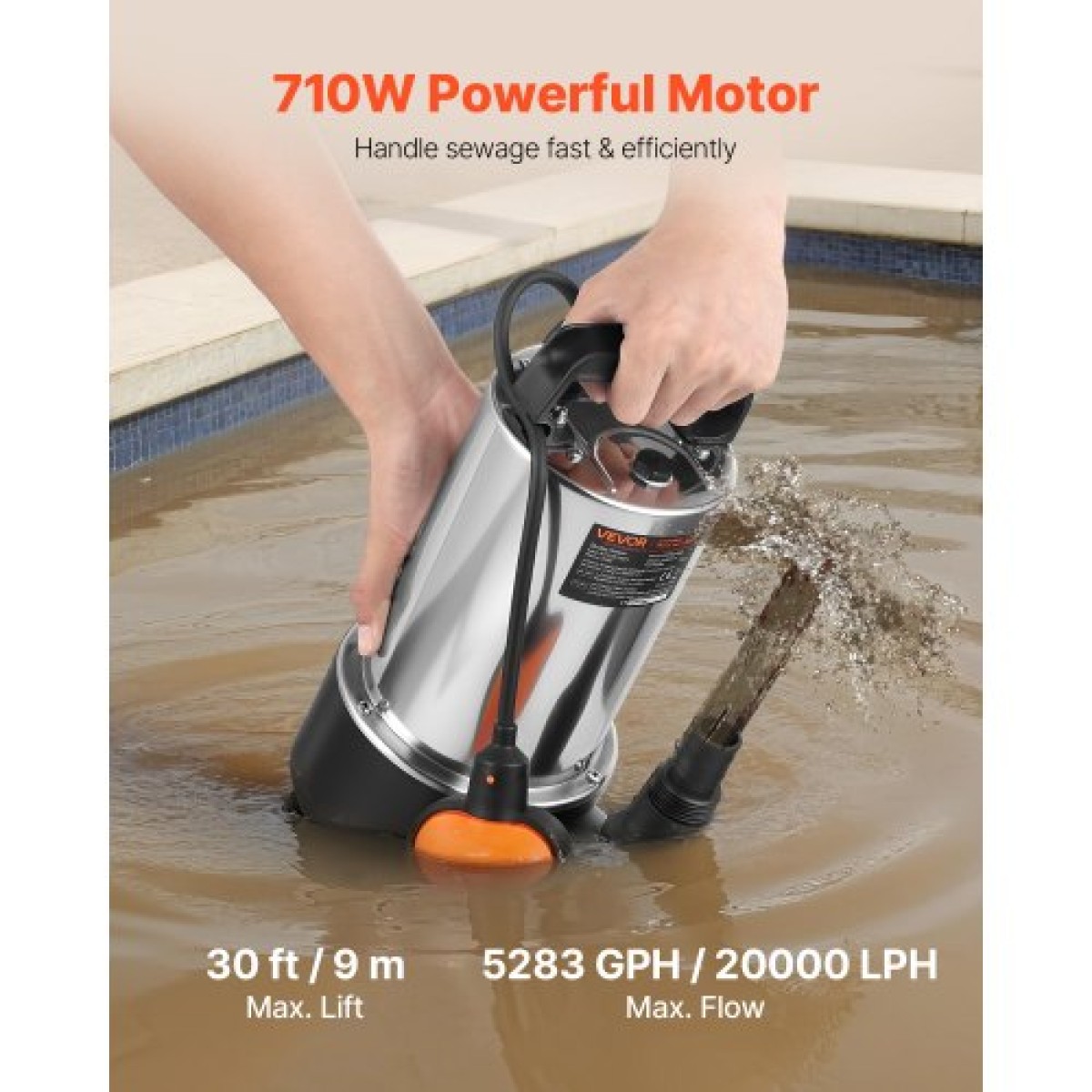 VEVOR 710W Υποβρύχια αντλία κάρτερ, 20000 L/H, Ανοξείδωτη υποβρύχια αντλία λυμάτων βρώμικου καθαρού νερού με αυτόματο διακόπτη πλωτήρα, μακρύ καλώδιο, 9M Max Lift, για πισίνες, κήπο, λίμνη, πλημμυρισμένες περιοχές