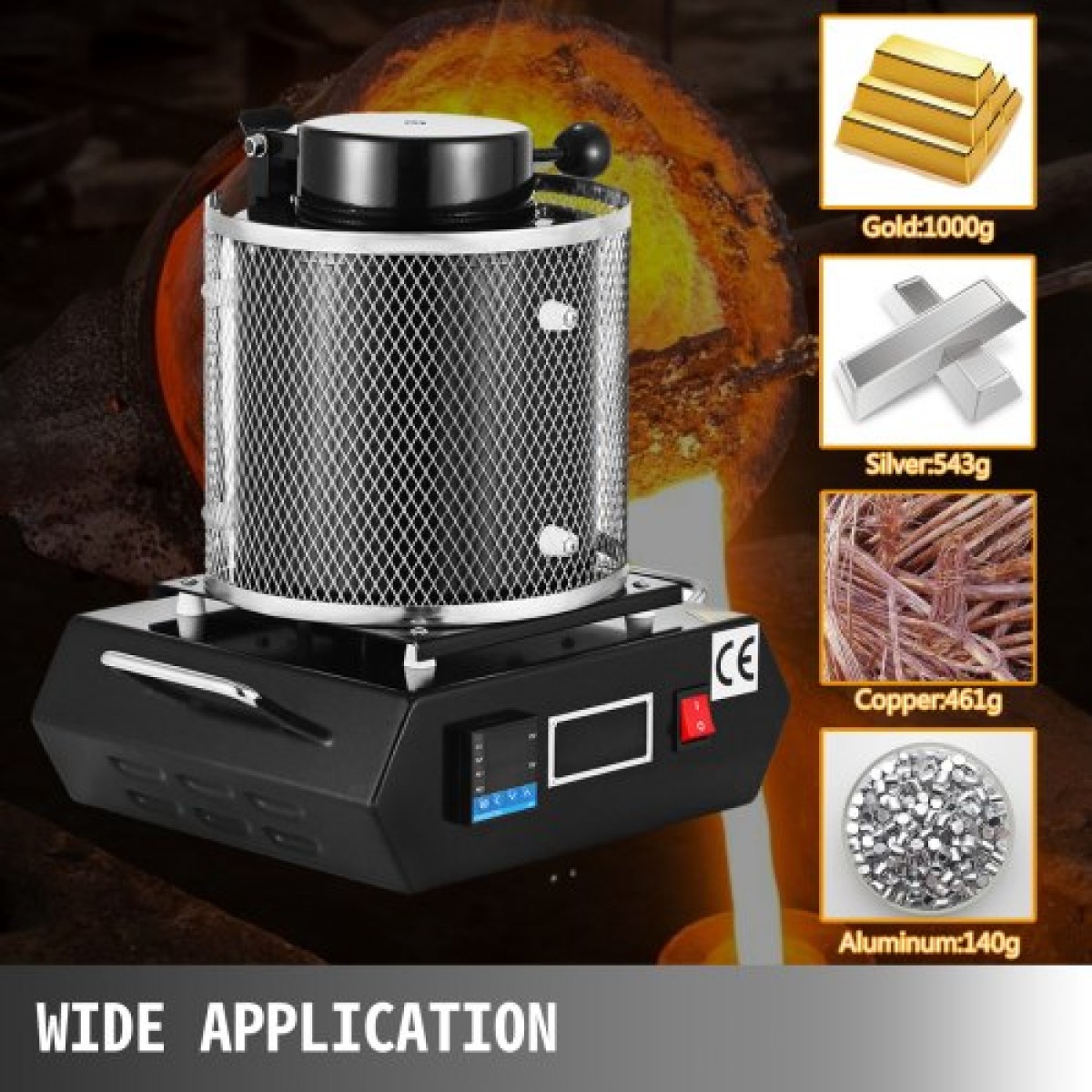 Φούρνος τήξης χρυσού VEVOR, 1350W, μέγιστη θερμοκρασία 1150℃, ψηφιακή ηλεκτρική μηχανή φούρνου τήξης, με κεραμικό χωνευτήριο 1 kg, για χύτευση εξευγενισμού πολύτιμων μετάλλων, λιώνει χρυσό, ασήμι, αλουμίνιο