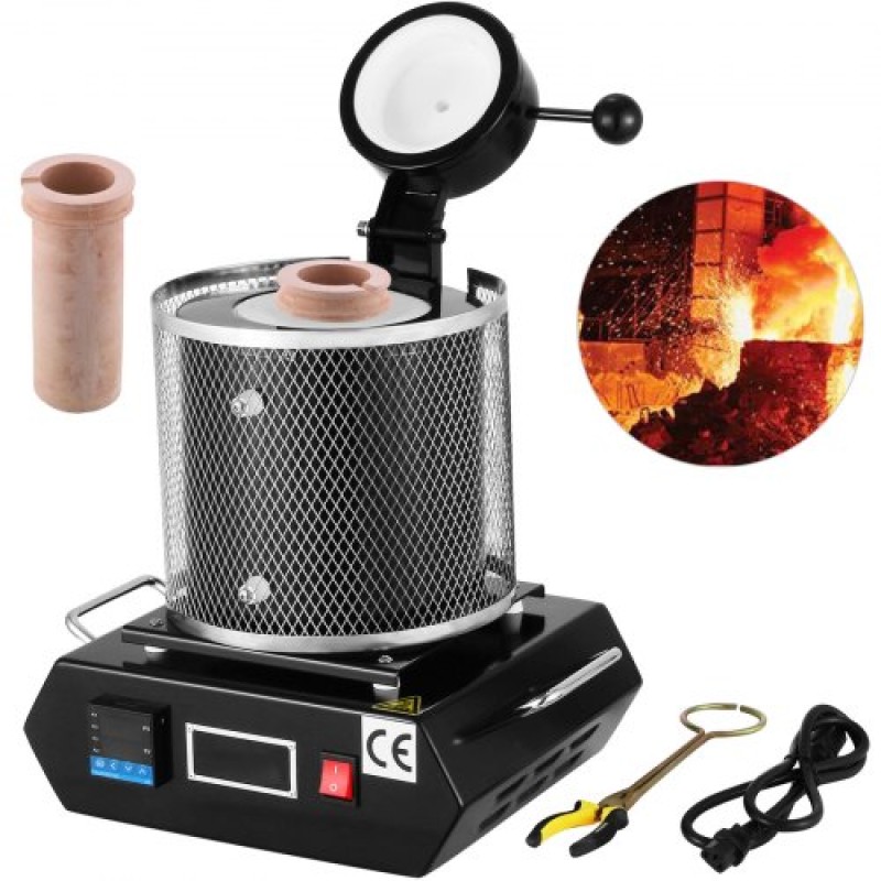 Φούρνος τήξης χρυσού VEVOR, 1350W, μέγιστη θερμοκρασία 1150℃, ψηφιακή ηλεκτρική μηχανή φούρνου τήξης, με κεραμικό χωνευτήριο 1 kg, για χύτευση εξευγενισμού πολύτιμων μετάλλων, λιώνει χρυσό, ασήμι, αλουμίνιο