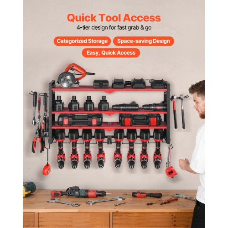 Βάση τοίχου VEVOR Power Tool Organizer, ράφι αποθήκευσης 4 επιπέδων με 8 θήκες για τρυπάνια, θήκη εργαλείων και ράφι αποθήκευσης με πλαϊνούς μανταλάκια, οργάνωση εργαλείων γκαράζ για γκαράζ, πάγκο εργασίας και εργαστήριο