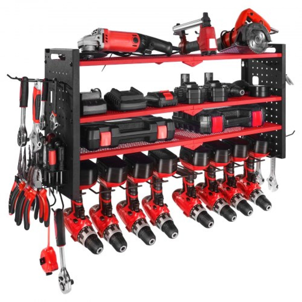 Βάση τοίχου VEVOR Power Tool Organizer, ράφι αποθήκευσης 4 επιπέδων με 8 θήκες για τρυπάνια, θήκη εργαλείων και ράφι αποθήκευσης με πλαϊνούς μανταλάκια, οργάνωση εργαλείων γκαράζ για γκαράζ, πάγκο εργασίας και εργαστήριο