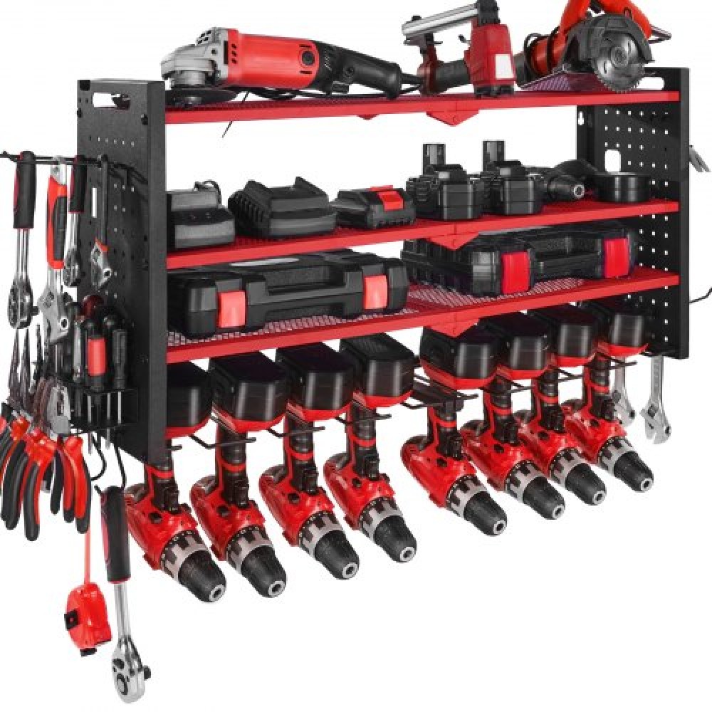 Βάση τοίχου VEVOR Power Tool Organizer, ράφι αποθήκευσης 4 επιπέδων με 8 θήκες για τρυπάνια, θήκη εργαλείων και ράφι αποθήκευσης με πλαϊνούς μανταλάκια, οργάνωση εργαλείων γκαράζ για γκαράζ, πάγκο εργασίας και εργαστήριο