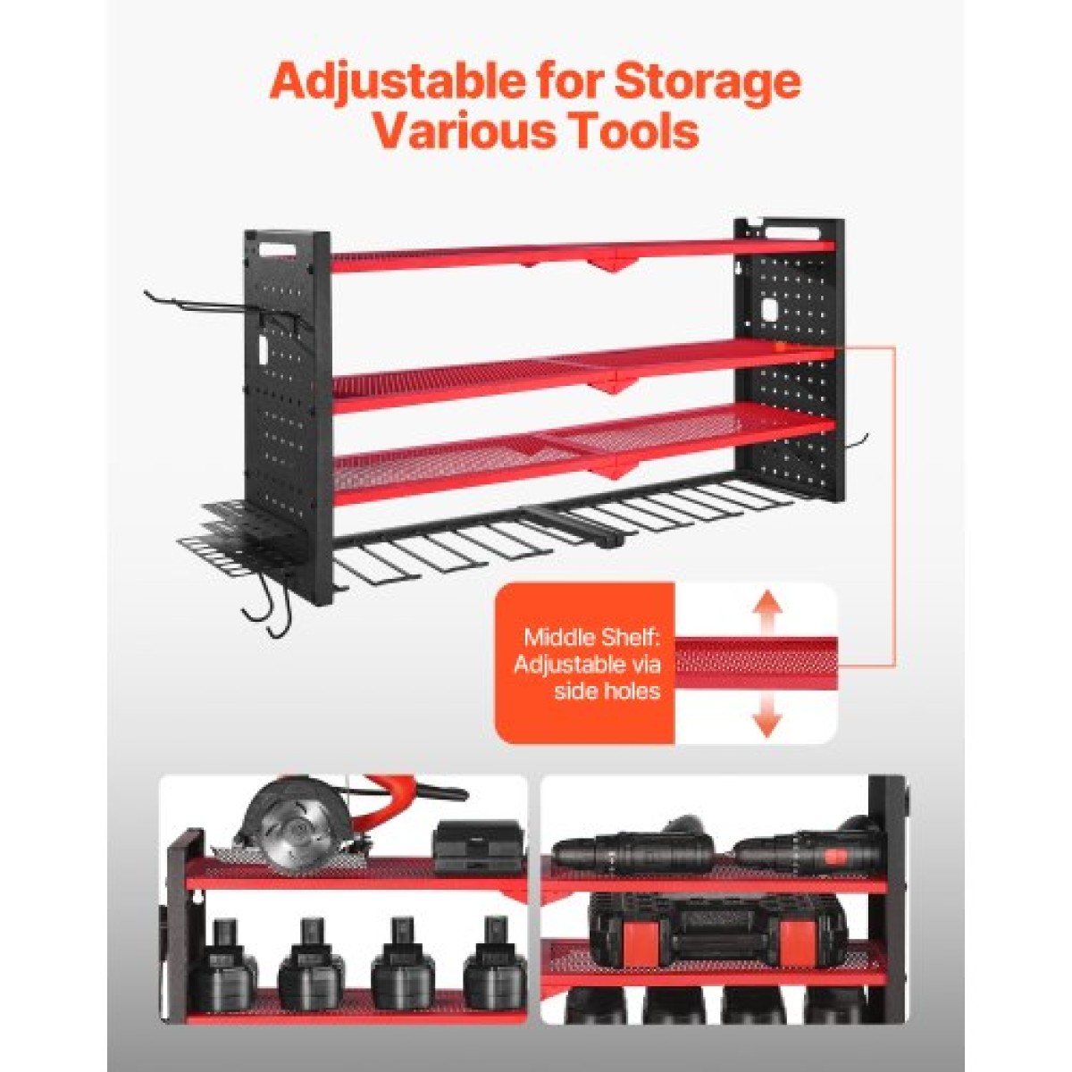 Βάση τοίχου VEVOR Power Tool Organizer, ράφι αποθήκευσης 4 επιπέδων με 8 θήκες για τρυπάνια, θήκη εργαλείων και ράφι αποθήκευσης με πλαϊνούς μανταλάκια, οργάνωση εργαλείων γκαράζ για γκαράζ, πάγκο εργασίας και εργαστήριο