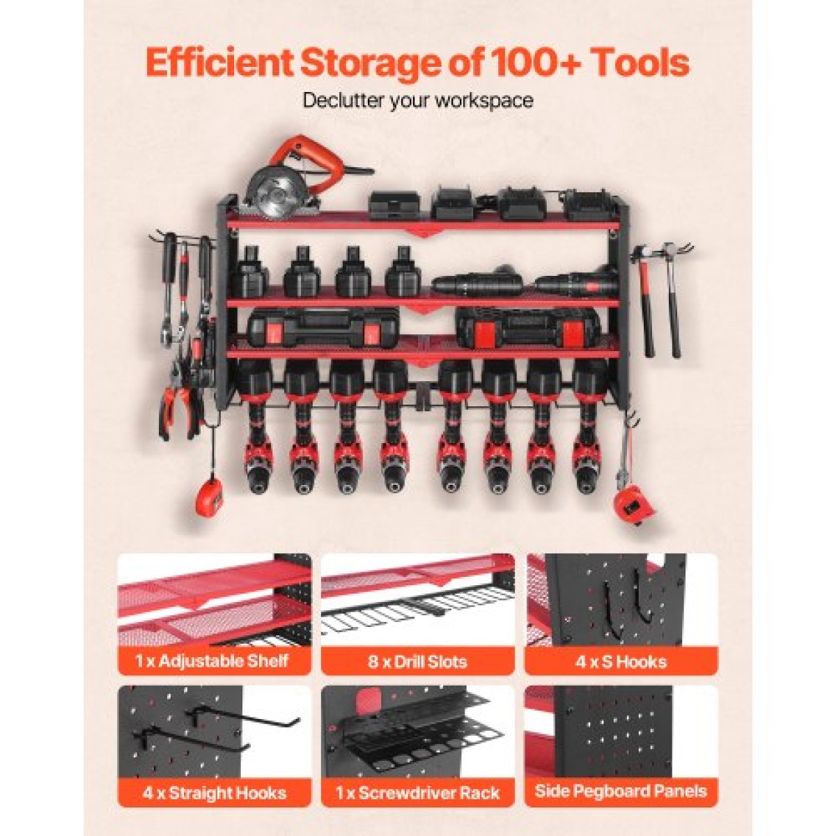 Βάση τοίχου VEVOR Power Tool Organizer, ράφι αποθήκευσης 4 επιπέδων με 8 θήκες για τρυπάνια, θήκη εργαλείων και ράφι αποθήκευσης με πλαϊνούς μανταλάκια, οργάνωση εργαλείων γκαράζ για γκαράζ, πάγκο εργασίας και εργαστήριο