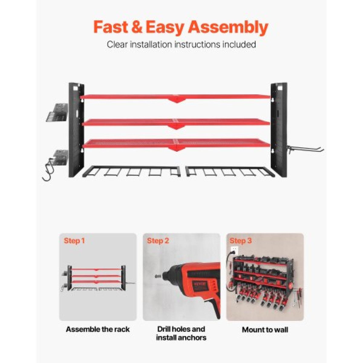 Βάση τοίχου VEVOR Power Tool Organizer, ράφι αποθήκευσης 4 επιπέδων με 8 θήκες για τρυπάνια, θήκη εργαλείων και ράφι αποθήκευσης με πλαϊνούς μανταλάκια, οργάνωση εργαλείων γκαράζ για γκαράζ, πάγκο εργασίας και εργαστήριο