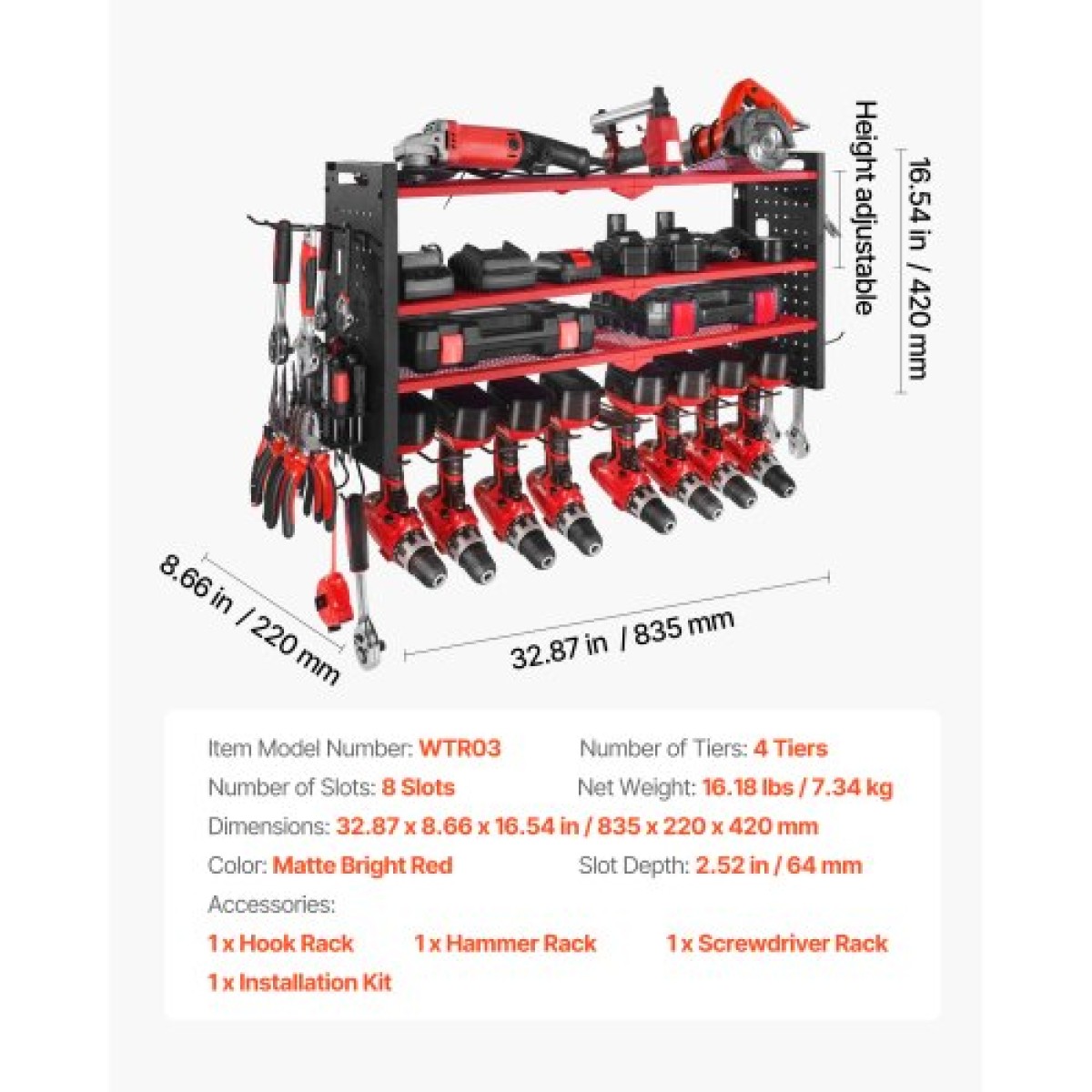 Βάση τοίχου VEVOR Power Tool Organizer, ράφι αποθήκευσης 4 επιπέδων με 8 θήκες για τρυπάνια, θήκη εργαλείων και ράφι αποθήκευσης με πλαϊνούς μανταλάκια, οργάνωση εργαλείων γκαράζ για γκαράζ, πάγκο εργασίας και εργαστήριο