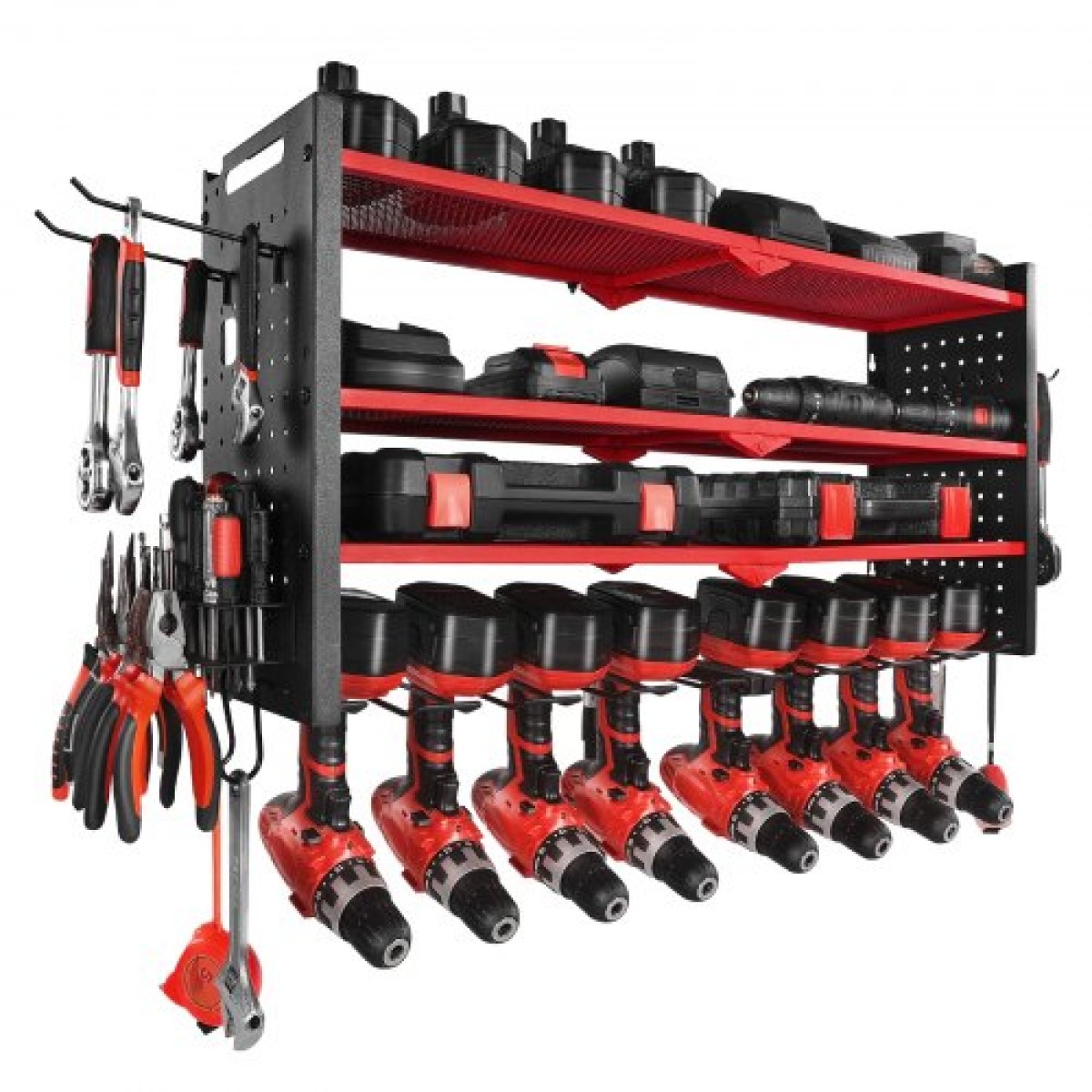 Βάση τοίχου VEVOR Power Tool Organizer, ράφι αποθήκευσης 4 επιπέδων με 8 θήκες για τρυπάνια, θήκη εργαλείων και ράφι αποθήκευσης με πλαϊνούς μανταλάκια, οργάνωση εργαλείων γκαράζ για γκαράζ, πάγκο εργασίας και εργαστήριο