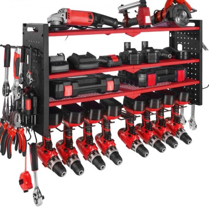 Βάση τοίχου VEVOR Power Tool Organizer, ράφι αποθήκευσης 4 επιπέδων με 8 θήκες για τρυπάνια, θήκη εργαλείων και ράφι αποθήκευσης με πλαϊνούς μανταλάκια, οργάνωση εργαλείων γκαράζ για γκαράζ, πάγκο εργασίας και εργαστήριο