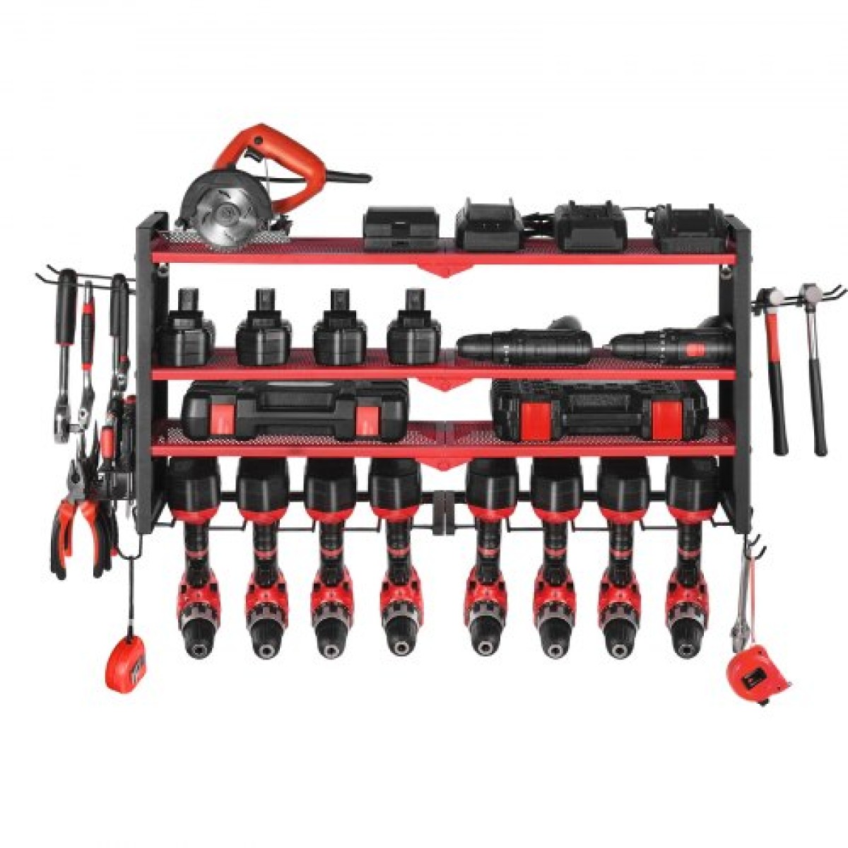 Βάση τοίχου VEVOR Power Tool Organizer, ράφι αποθήκευσης 4 επιπέδων με 8 θήκες για τρυπάνια, θήκη εργαλείων και ράφι αποθήκευσης με πλαϊνούς μανταλάκια, οργάνωση εργαλείων γκαράζ για γκαράζ, πάγκο εργασίας και εργαστήριο