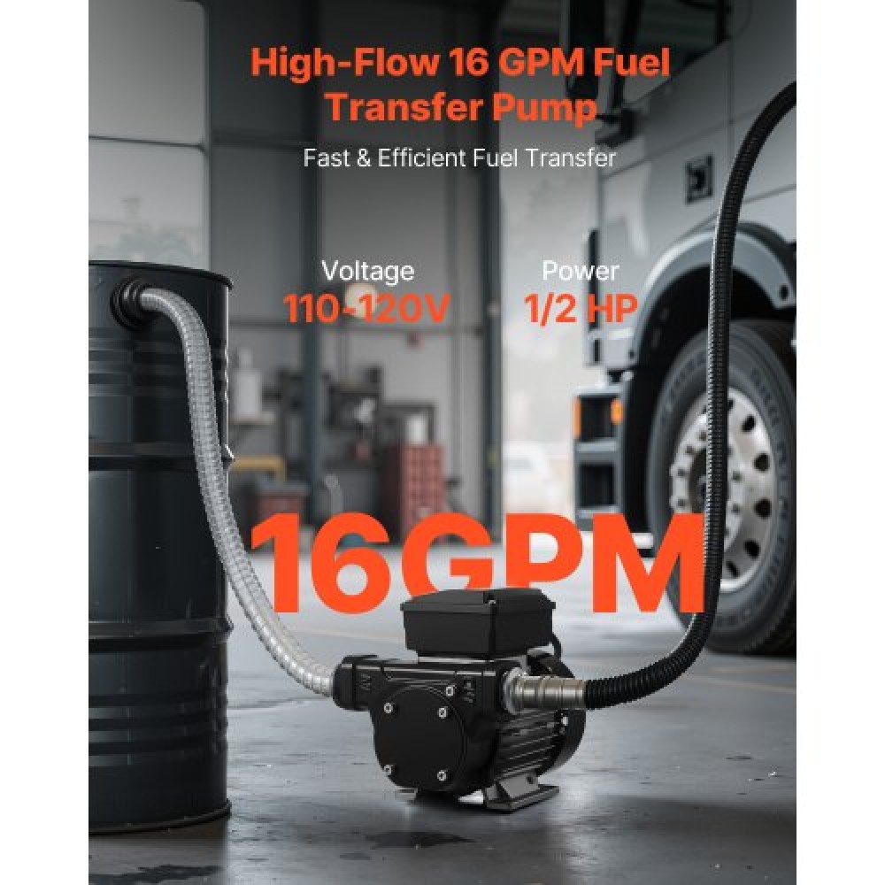 VEVOR Fuel Transfer Pump 230V, 16 GPM 60 L/min, AC Electric Oil Transfer Pump for Diesel Kerosene Biodiesel, with Auto Fuel Nozzle & 2 Hoses, 45 ft/13.7 m Max Lift, for Vehicles, Construction Sites