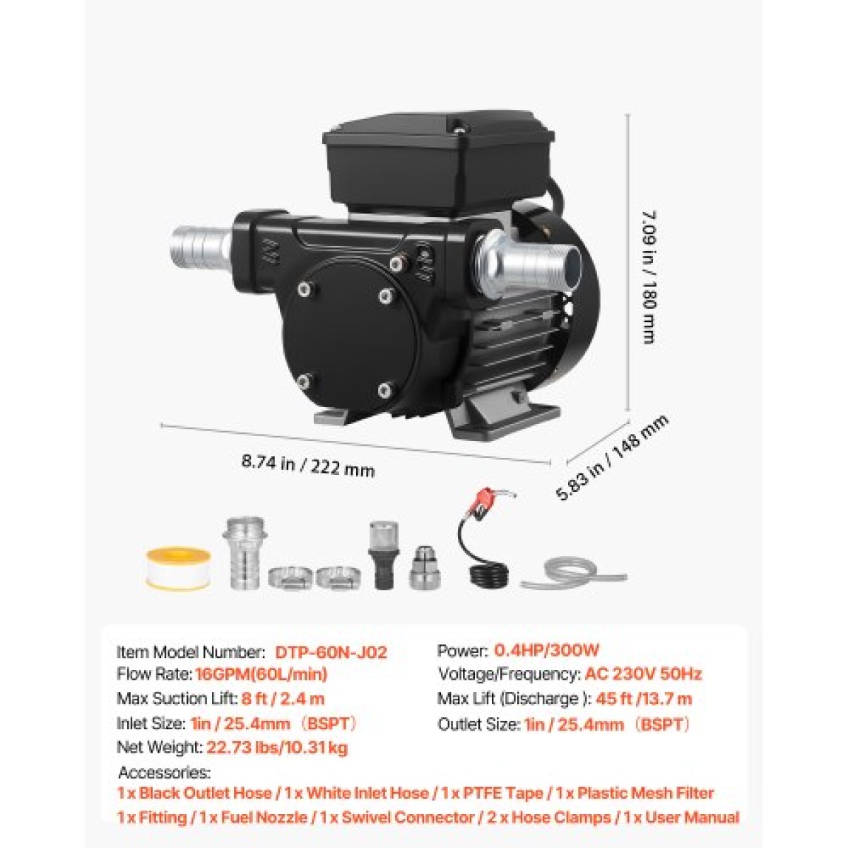 Αντλία μεταφοράς καυσίμου VEVOR 230V, 16 GPM 60 L/min, AC Electric Oil Transfer Pump for Diesel Kerosene Biodiesel, με αυτόματο ακροφύσιο καυσίμου & 2 σωλήνες, 45 ft/13,7 m Max Lift, για οχήματα, εργοτάξια