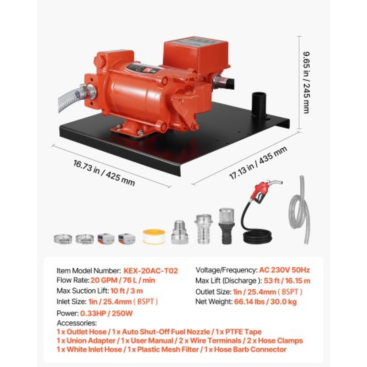 Αντλία μεταφοράς καυσίμου VEVOR 230V, 20 GPM 76 L/min, AC ηλεκτρική αντλία μεταφοράς λαδιού, με μετρητή, ακροφύσιο καυσίμου αυτόματης απενεργοποίησης & σωλήνα εκκένωσης, υψηλή ροή για βενζίνη, ντίζελ, κηροζίνη, βιοντίζελ, αιθανόλη