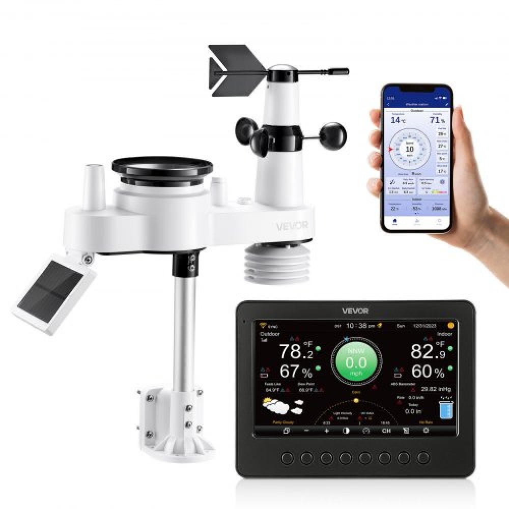 Μετεωρολογικός σταθμός Wi-Fi 7 σε 1 VEVOR, οθόνη TFT 177,8 mm, Ασύρματος ηλιακός αισθητήρας εξωτερικού χώρου, μετρητής βροχής, εσωτερικός χώρος εξωτερικού χώρου για πρόγνωση καιρού, κατεύθυνση ταχύτητας ανέμου, θερμοκρασία, υγρασία, βροχόπτωση