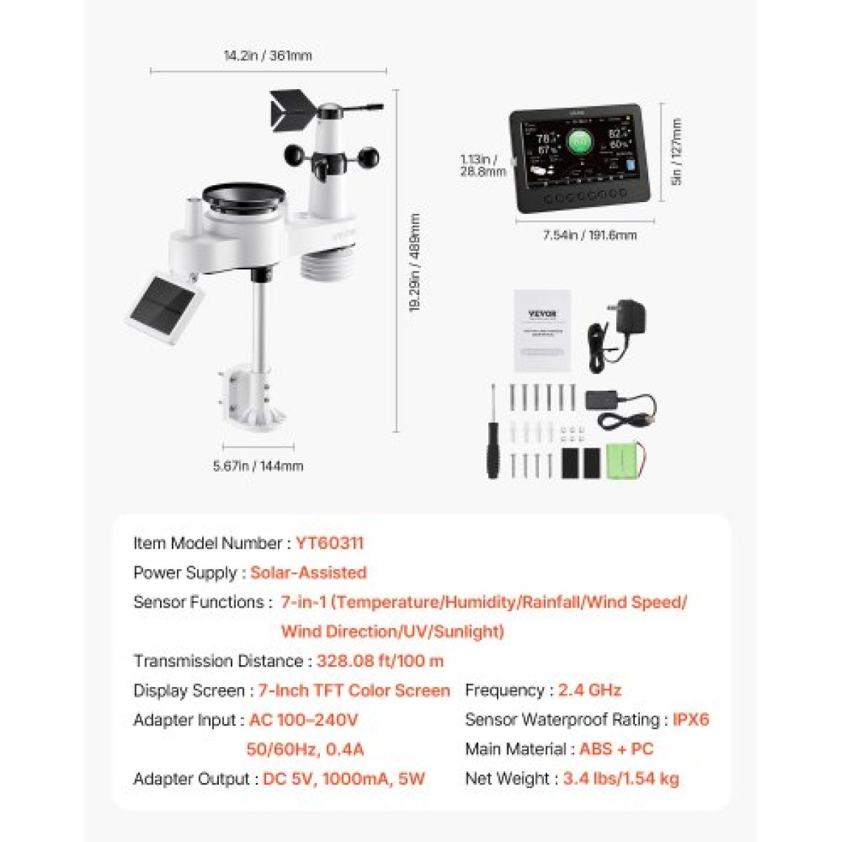 Μετεωρολογικός σταθμός Wi-Fi 7 σε 1 VEVOR, οθόνη TFT 177,8 mm, Ασύρματος ηλιακός αισθητήρας εξωτερικού χώρου, μετρητής βροχής, εσωτερικός χώρος εξωτερικού χώρου για πρόγνωση καιρού, κατεύθυνση ταχύτητας ανέμου, θερμοκρασία, υγρασία, βροχόπτωση