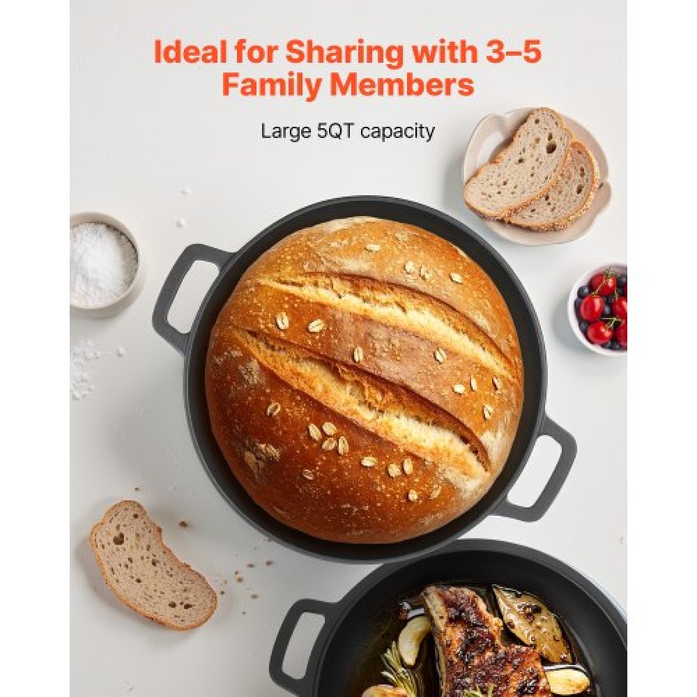 VEVOR Cast Iron Dutch Oven, 2-in-1 Pre-Seasoned Pot with Skillet Lid, 4.7L Cookware Pan with Proofing Basket, Bread Baking Accessories, Bread-Oven Compatible 260 ℃