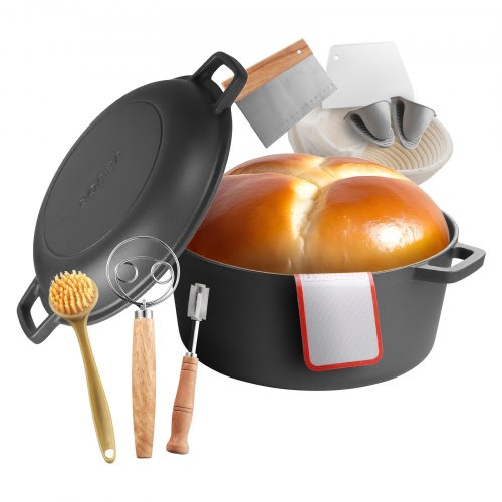 VEVOR Cast Iron Dutch Oven, 2-in-1 Pre-Seasoned Pot with Skillet Lid, 4.7L Cookware Pan with Proofing Basket, Bread Baking Accessories, Bread-Oven Compatible 260 ℃