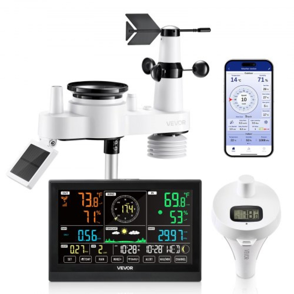 Μετεωρολογικός σταθμός VEVOR 7 σε 1 Wi-Fi με APP, οθόνη 190,5 mm, Ασύρματο ηλιακό αισθητήρα εξωτερικού χώρου, με θερμόμετρο πισίνας, βροχόμετρο, εσωτερικό εξωτερικό χώρο για πρόγνωση καιρού Ταχύτητα ανέμου Θερμοκρασία πισίνας