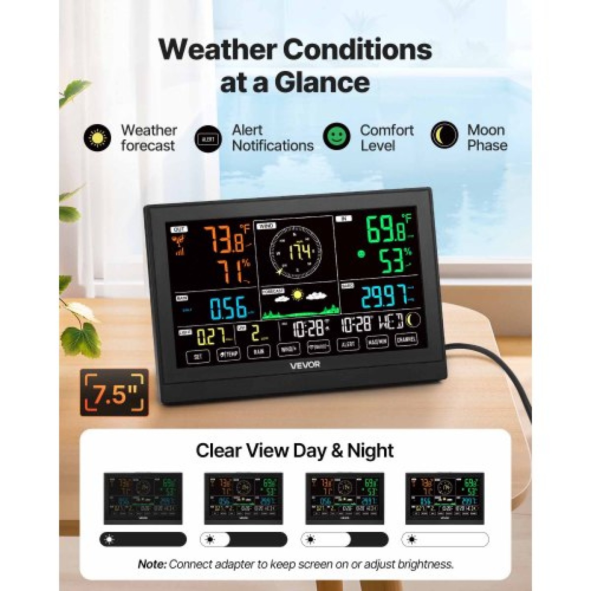 Μετεωρολογικός σταθμός VEVOR 7 σε 1 Wi-Fi με APP, οθόνη 190,5 mm, Ασύρματο ηλιακό αισθητήρα εξωτερικού χώρου, με θερμόμετρο πισίνας, βροχόμετρο, εσωτερικό εξωτερικό χώρο για πρόγνωση καιρού Ταχύτητα ανέμου Θερμοκρασία πισίνας