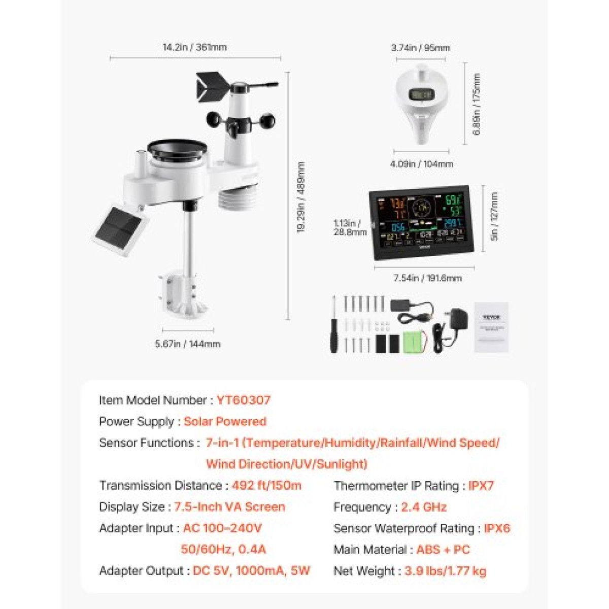 Μετεωρολογικός σταθμός VEVOR 7 σε 1 Wi-Fi με APP, οθόνη 190,5 mm, Ασύρματο ηλιακό αισθητήρα εξωτερικού χώρου, με θερμόμετρο πισίνας, βροχόμετρο, εσωτερικό εξωτερικό χώρο για πρόγνωση καιρού Ταχύτητα ανέμου Θερμοκρασία πισίνας