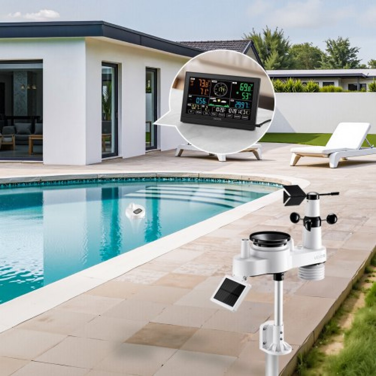 Μετεωρολογικός σταθμός VEVOR 7 σε 1 Wi-Fi με APP, οθόνη 190,5 mm, Ασύρματο ηλιακό αισθητήρα εξωτερικού χώρου, με θερμόμετρο πισίνας, βροχόμετρο, εσωτερικό εξωτερικό χώρο για πρόγνωση καιρού Ταχύτητα ανέμου Θερμοκρασία πισίνας