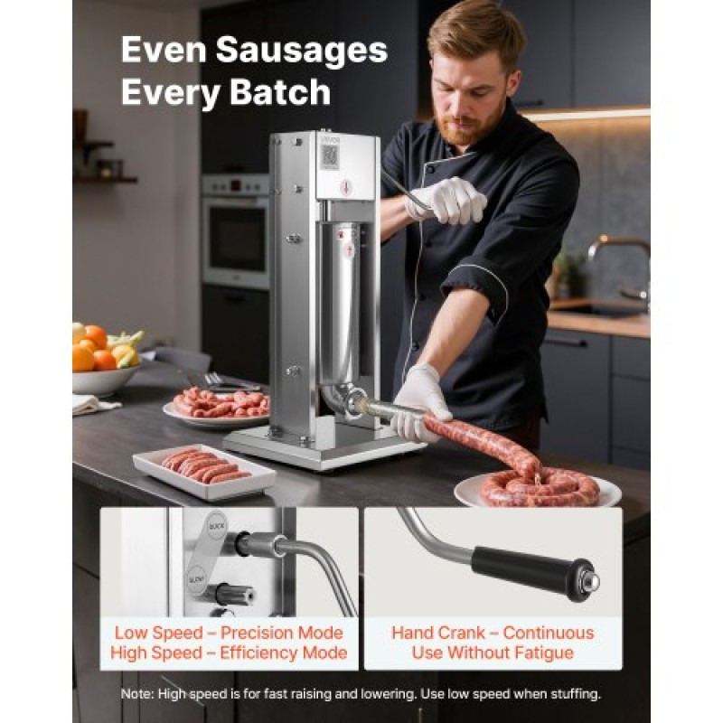VEVOR Manual Sausage Stuffer, 11 LBS / 5 L Vertical Meat Stuffer, Dual-Speed ​​Sausage Stuffer Meat filler, Inox Heavy Duty filler with 5 Stuffing Tube, για Εμπορική & οικιακή χρήση
