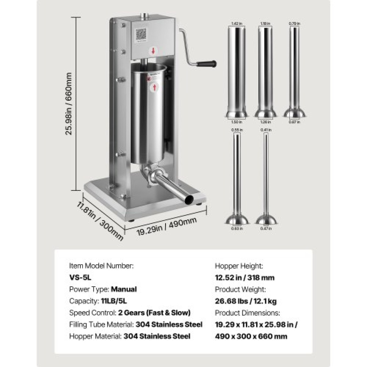 VEVOR Manual Sausage Stuffer, 11 LBS / 5 L Vertical Meat Stuffer, Dual-Speed ​​Sausage Stuffer Meat filler, Inox Heavy Duty filler with 5 Stuffing Tube, για Εμπορική & οικιακή χρήση