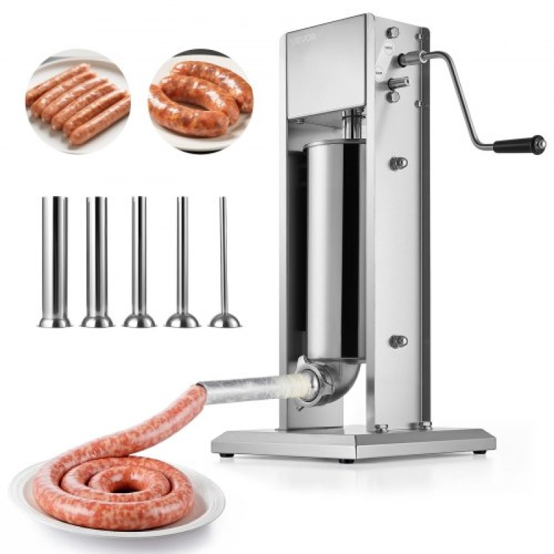 VEVOR Manual Sausage Stuffer, 11 LBS / 5 L Vertical Meat Stuffer, Dual-Speed ​​Sausage Stuffer Meat filler, Inox Heavy Duty filler with 5 Stuffing Tube, για Εμπορική & οικιακή χρήση