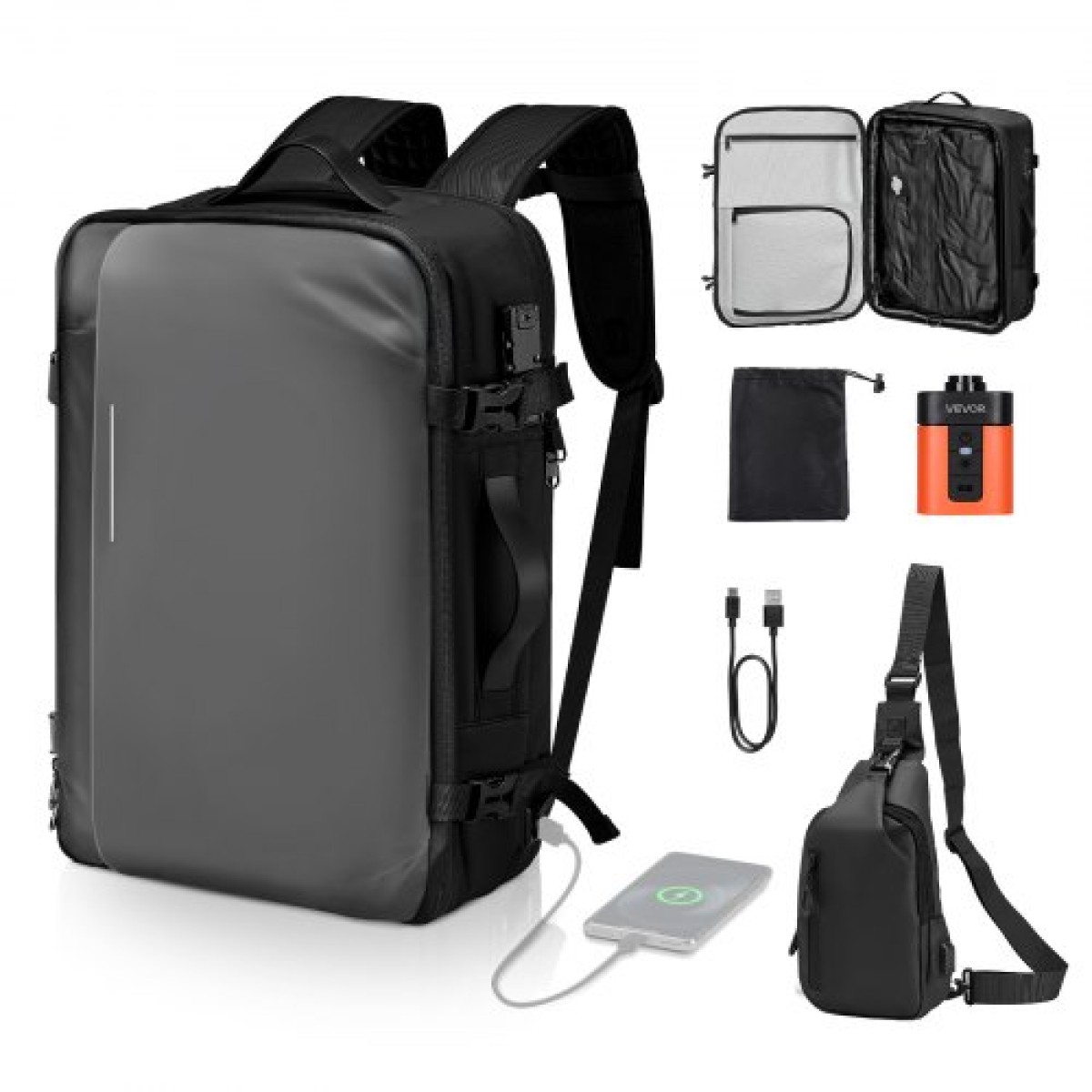 VEVOR Vacuum Travel Backpack, 65L, Επεκτάσιμο Σακίδιο Ταξιδιού Συμπίεσης Vacuum Seal με αντλία, με Εγκεκριμένη κλειδαριά TSA, Airback Vacpack, Αδιάβροχη βαλίτσα μεταφοράς, για επαγγελματικούς λόγους, γκρι