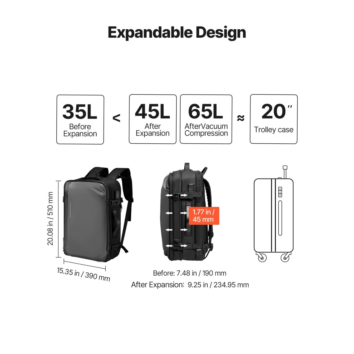 VEVOR Vacuum Travel Backpack, 65L, Επεκτάσιμο Σακίδιο Ταξιδιού Συμπίεσης Vacuum Seal με αντλία, με Εγκεκριμένη κλειδαριά TSA, Airback Vacpack, Αδιάβροχη βαλίτσα μεταφοράς, για επαγγελματικούς λόγους, γκρι