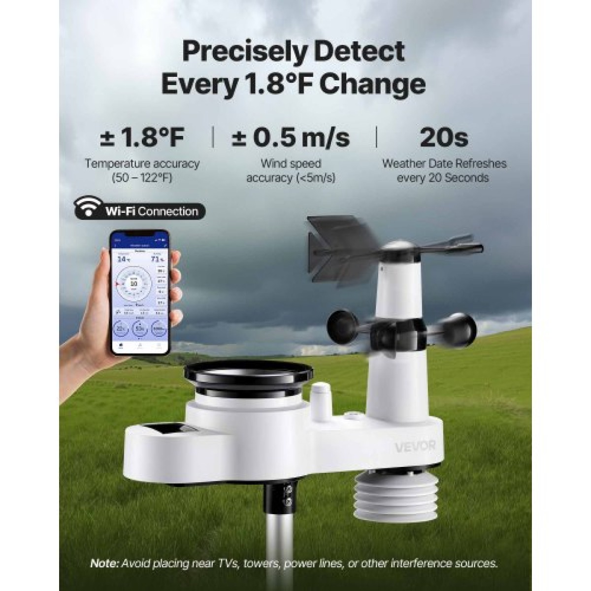 VEVOR 5-σε-1 Wi-Fi Μετεωρολογικός Σταθμός, Οθόνη VA 190,5 mm, Ασύρματος ηλιακός αισθητήρας εξωτερικού χώρου, μετρητής βροχής, εσωτερικός χώρος εξωτερικού χώρου για πρόγνωση καιρού, κατεύθυνση ταχύτητας ανέμου, θερμοκρασία, υγρασία, βροχόπτωση