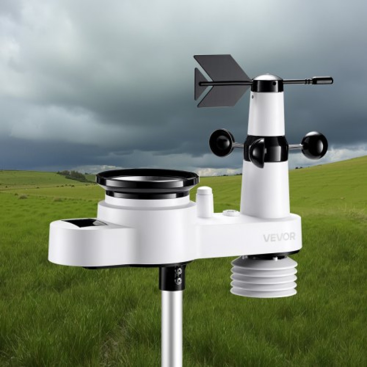 VEVOR 5-σε-1 Wi-Fi Μετεωρολογικός Σταθμός, Οθόνη VA 190,5 mm, Ασύρματος ηλιακός αισθητήρας εξωτερικού χώρου, μετρητής βροχής, εσωτερικός χώρος εξωτερικού χώρου για πρόγνωση καιρού, κατεύθυνση ταχύτητας ανέμου, θερμοκρασία, υγρασία, βροχόπτωση