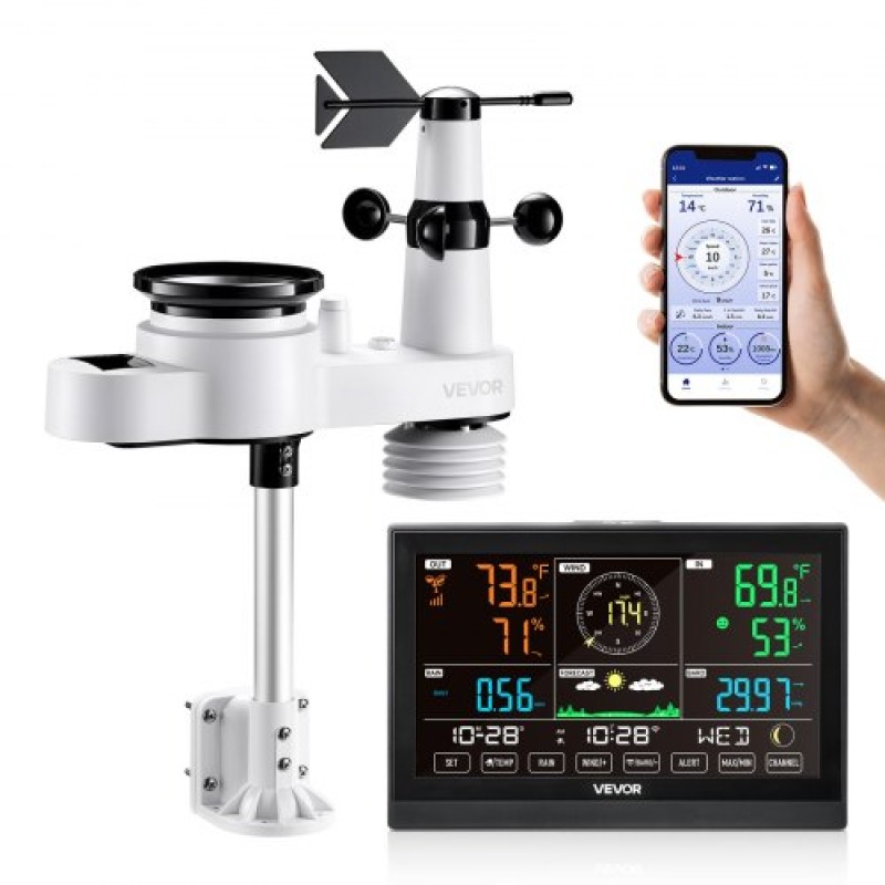VEVOR 5-σε-1 Wi-Fi Μετεωρολογικός Σταθμός, Οθόνη VA 190,5 mm, Ασύρματος ηλιακός αισθητήρας εξωτερικού χώρου, μετρητής βροχής, εσωτερικός χώρος εξωτερικού χώρου για πρόγνωση καιρού, κατεύθυνση ταχύτητας ανέμου, θερμοκρασία, υγρασία, βροχόπτωση