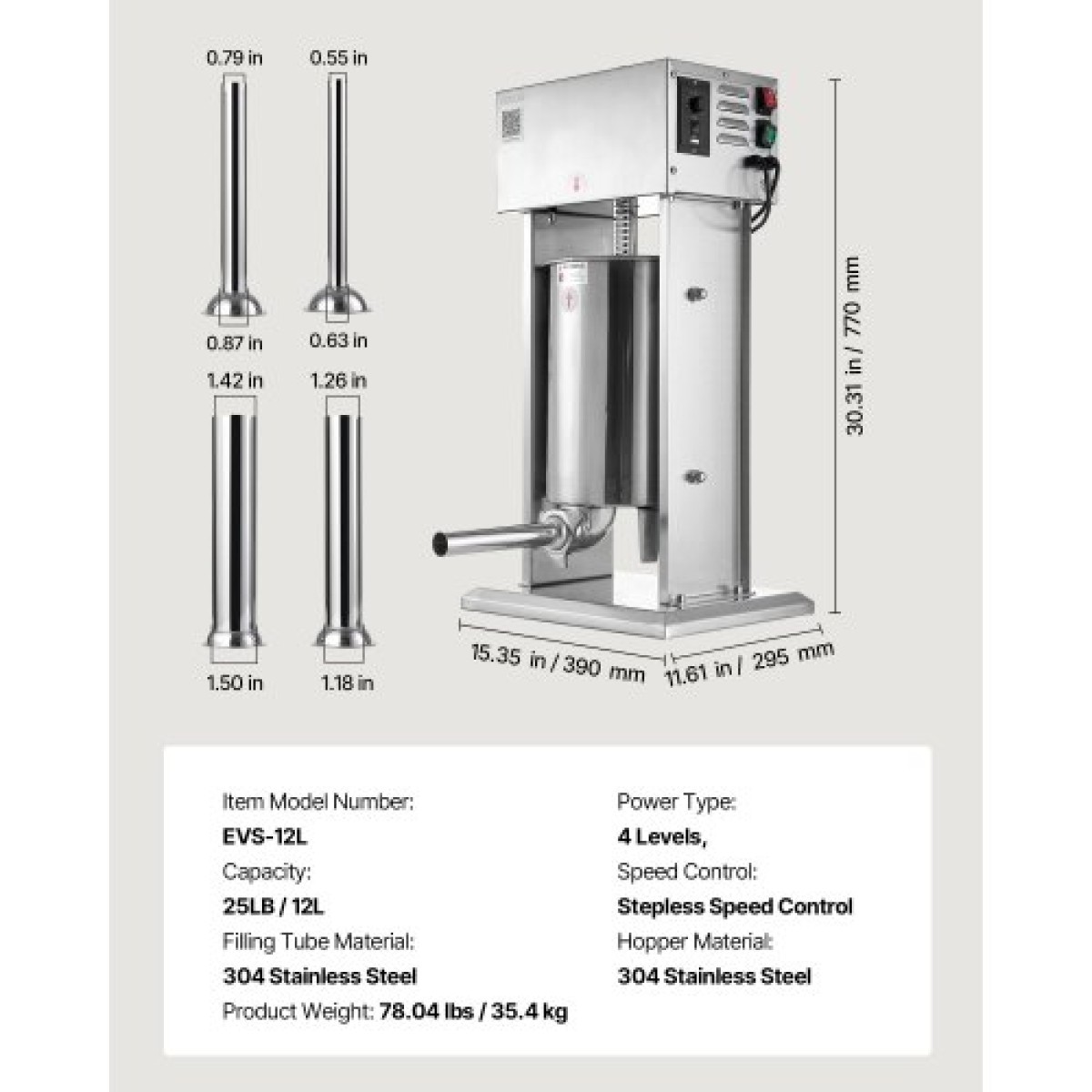 VEVOR Electric Sausage Stuffer, 25 LBS / 12 L Vertical Meat Stuff, Stepless Speed ​​Control and Foot Pedal, Inox Heavy Duty Γεμιστικό Λουκάνικου με 4 Σωλήνες Γέμισης, για Εμπορική & οικιακή χρήση