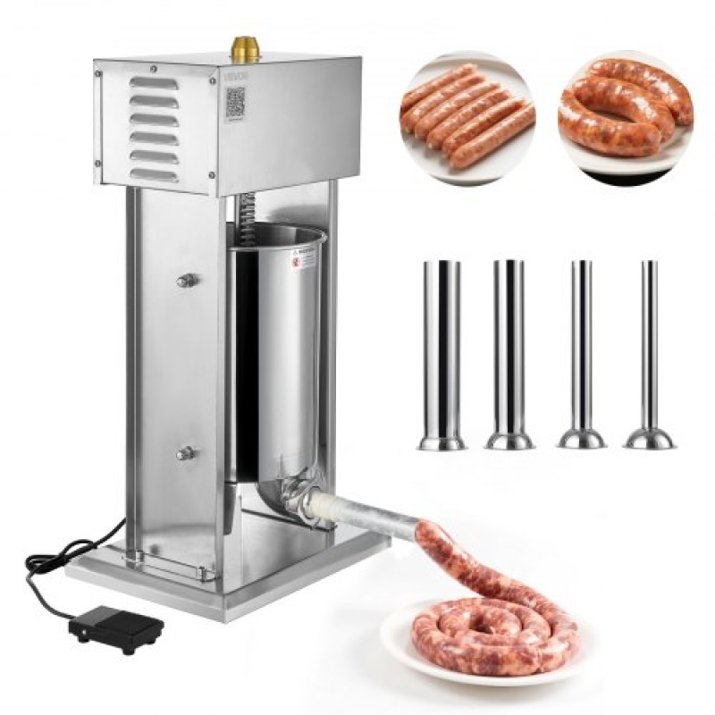VEVOR Electric Sausage Stuffer, 25 LBS / 12 L Vertical Meat Stuff, Stepless Speed ​​Control and Foot Pedal, Inox Heavy Duty Γεμιστικό Λουκάνικου με 4 Σωλήνες Γέμισης, για Εμπορική & οικιακή χρήση