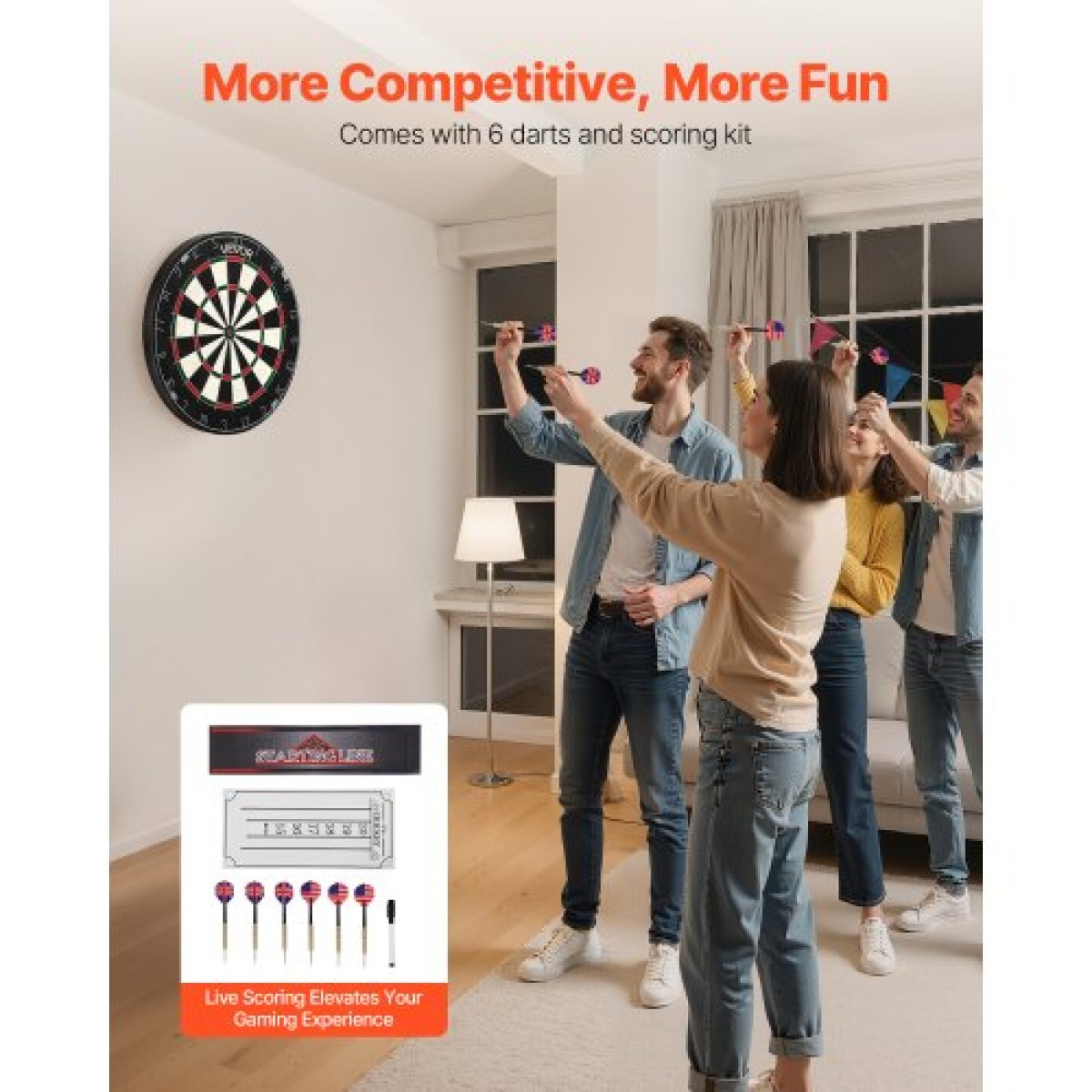 VEVOR Dartboard με 6 Darts & Scoring Kit, Self-healing Fibers Sisal Dartboard with Χωρίς συρράπτες & Περιστρεφόμενο Αριθμό Δαχτυλίδι, Επαγγελματικό Σετ βελάκι από ατσάλι 451mm για Αίθουσα παιχνιδιών Home Party