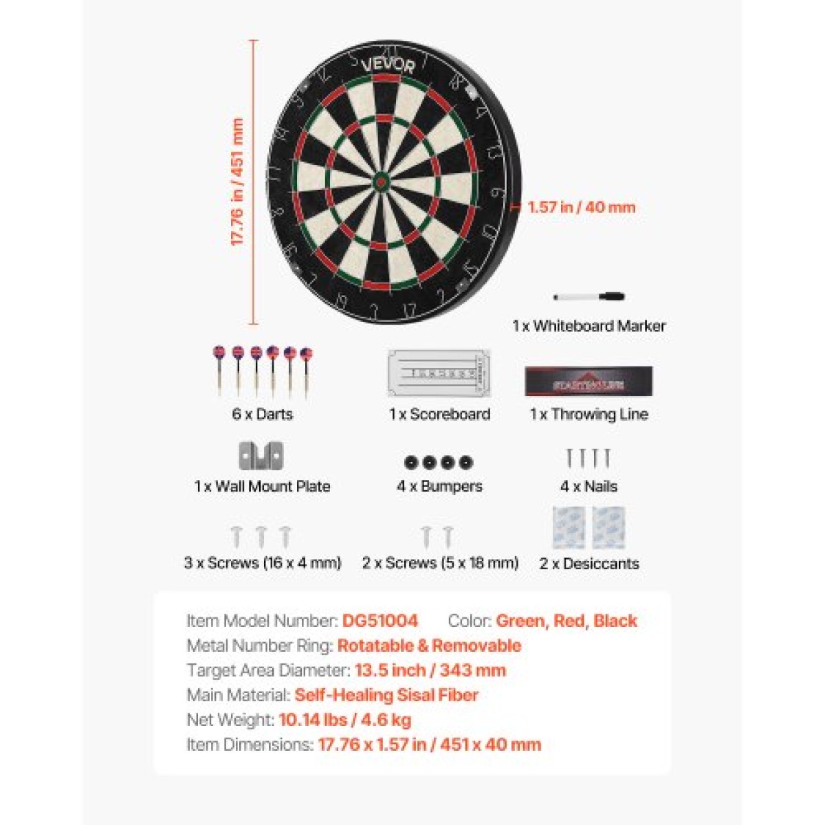 VEVOR Dartboard με 6 Darts & Scoring Kit, Self-healing Fibers Sisal Dartboard with Χωρίς συρράπτες & Περιστρεφόμενο Αριθμό Δαχτυλίδι, Επαγγελματικό Σετ βελάκι από ατσάλι 451mm για Αίθουσα παιχνιδιών Home Party