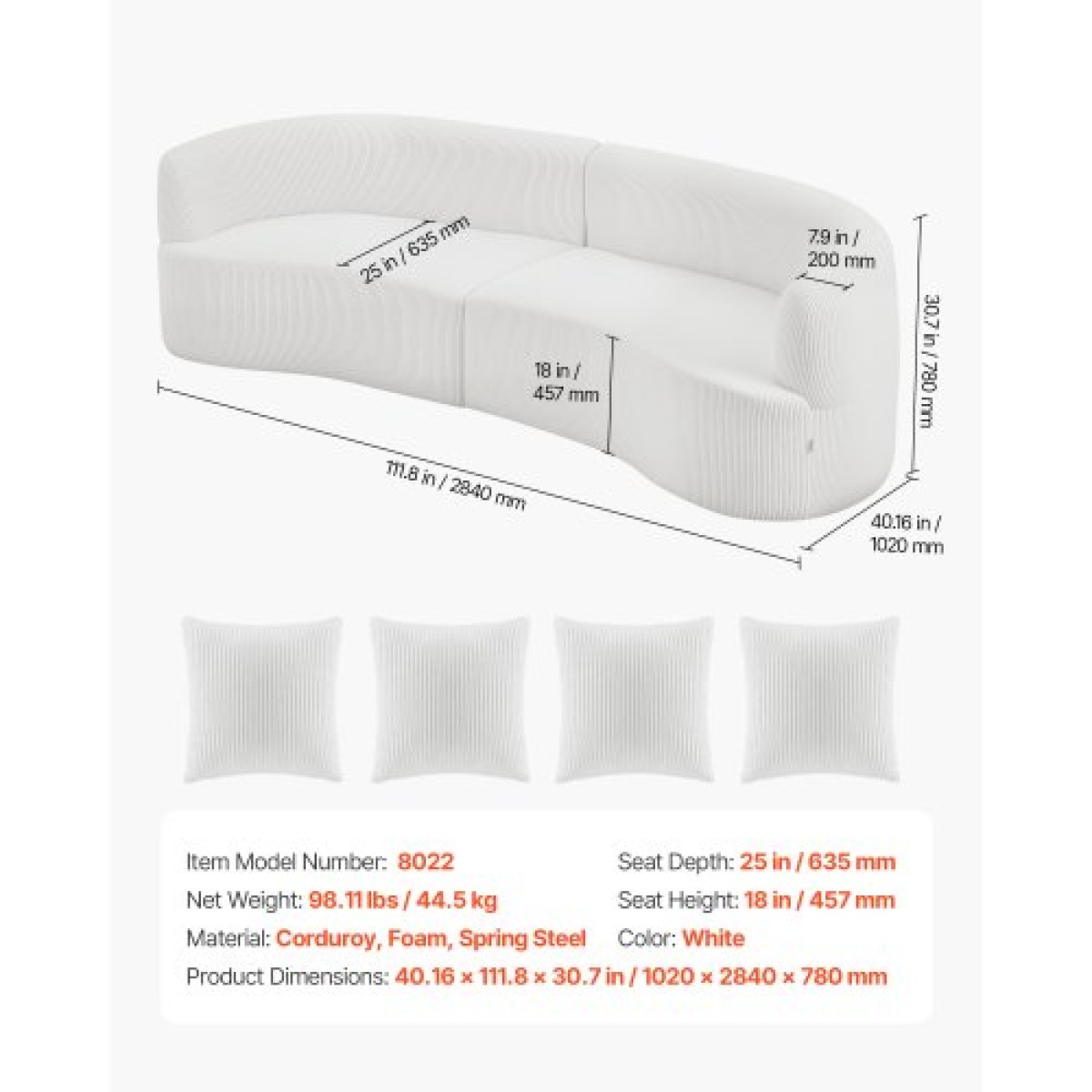 VEVOR 2840 mm Καμπυλωτός αρθρωτός καναπές, Μοντέρνος πολυτελής τμηματικός καναπές με 4 μαξιλάρια, Υπερμεγέθης βελούδινος καναπές κοτλέ καναπέ από σύννεφο με φαρδύ βαθύ κάθισμα, για σαλόνι, υπνοδωμάτιο, διαμέρισμα, γραφείο, λευκό