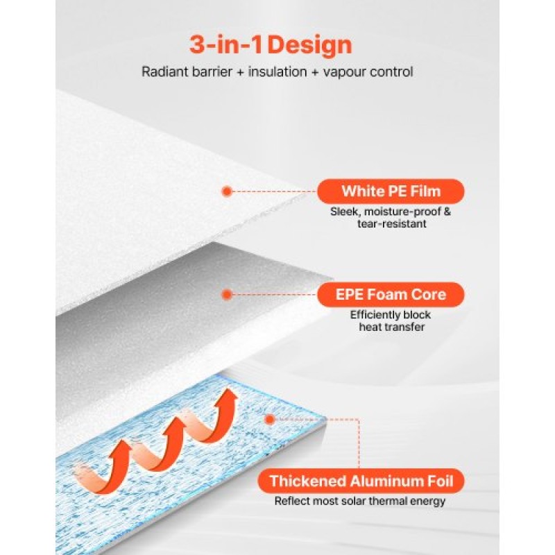 Ρολό VEVOR Reflective Insulation Roll, EPE Foam Core Radiant Barrier, 3mm 76,2m x 1,22 m, Αλουμινόχαρτο Λευκό φιλμ PE Θερμοανακλαστική ασπίδα, Θερμομονωτικό ρολό για ταράτσες RV παραθύρων γκαραζόπορτας