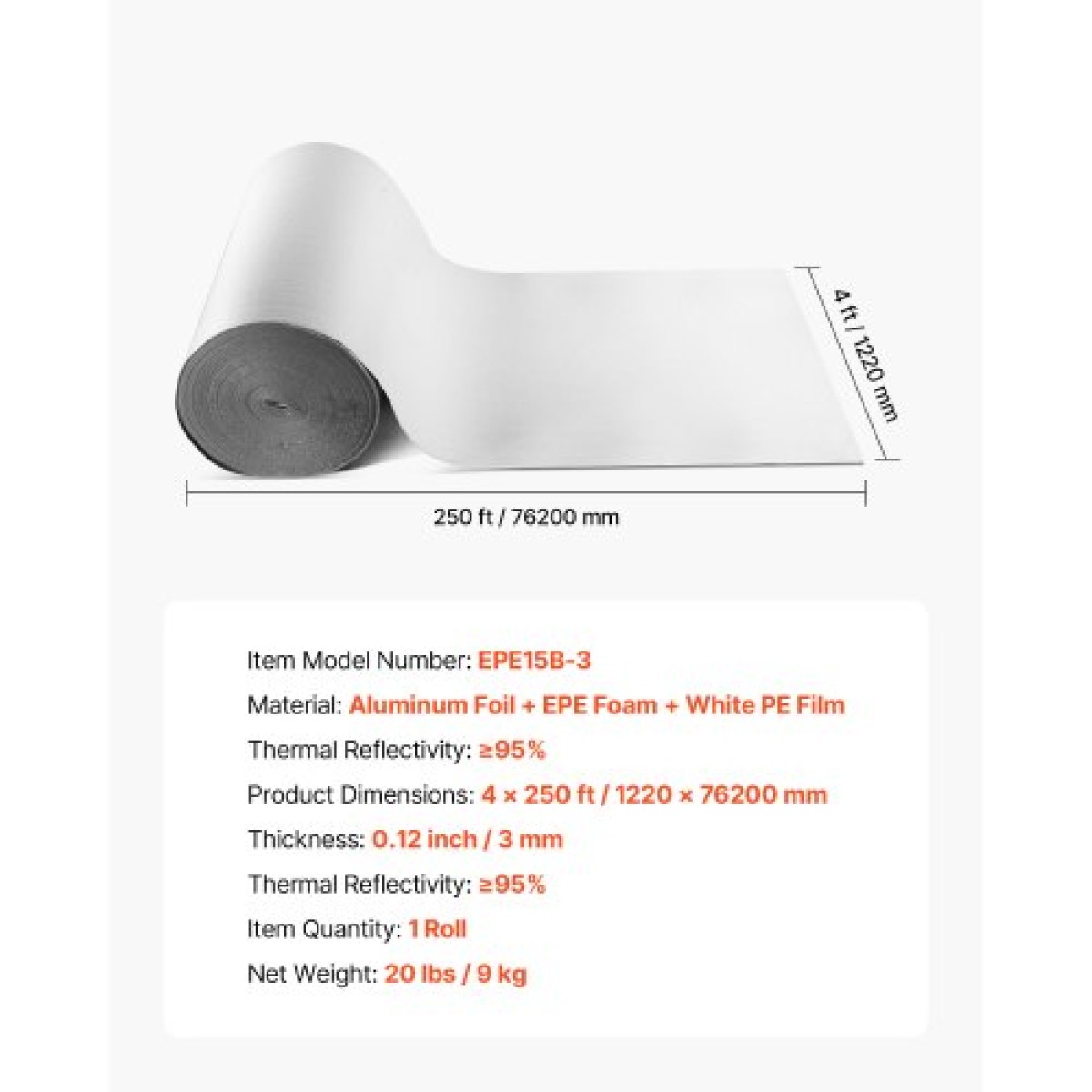 Ρολό VEVOR Reflective Insulation Roll, EPE Foam Core Radiant Barrier, 3mm 76,2m x 1,22 m, Αλουμινόχαρτο Λευκό φιλμ PE Θερμοανακλαστική ασπίδα, Θερμομονωτικό ρολό για ταράτσες RV παραθύρων γκαραζόπορτας
