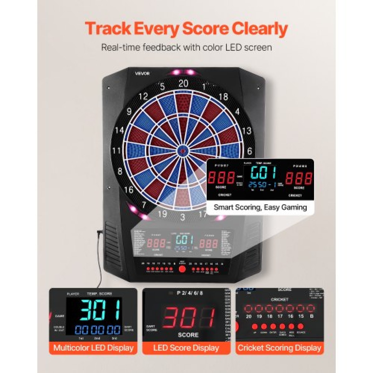 VEVOR Electronic Dart Board, Target Dartboard 336mm με 45 παιχνίδια & 474 παραλλαγές για έως και 8 παίκτες, 6 άξονες βελών με πτήσεις & 50 μαλακές άκρες, έγχρωμη οθόνη LED κρίκετ για πάρτι στο σπίτι