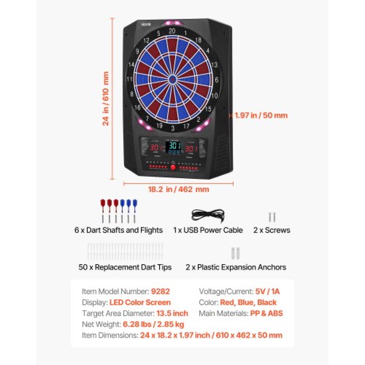 VEVOR Electronic Dart Board, Target Dartboard 336mm με 45 παιχνίδια & 474 παραλλαγές για έως και 8 παίκτες, 6 άξονες βελών με πτήσεις & 50 μαλακές άκρες, έγχρωμη οθόνη LED κρίκετ για πάρτι στο σπίτι