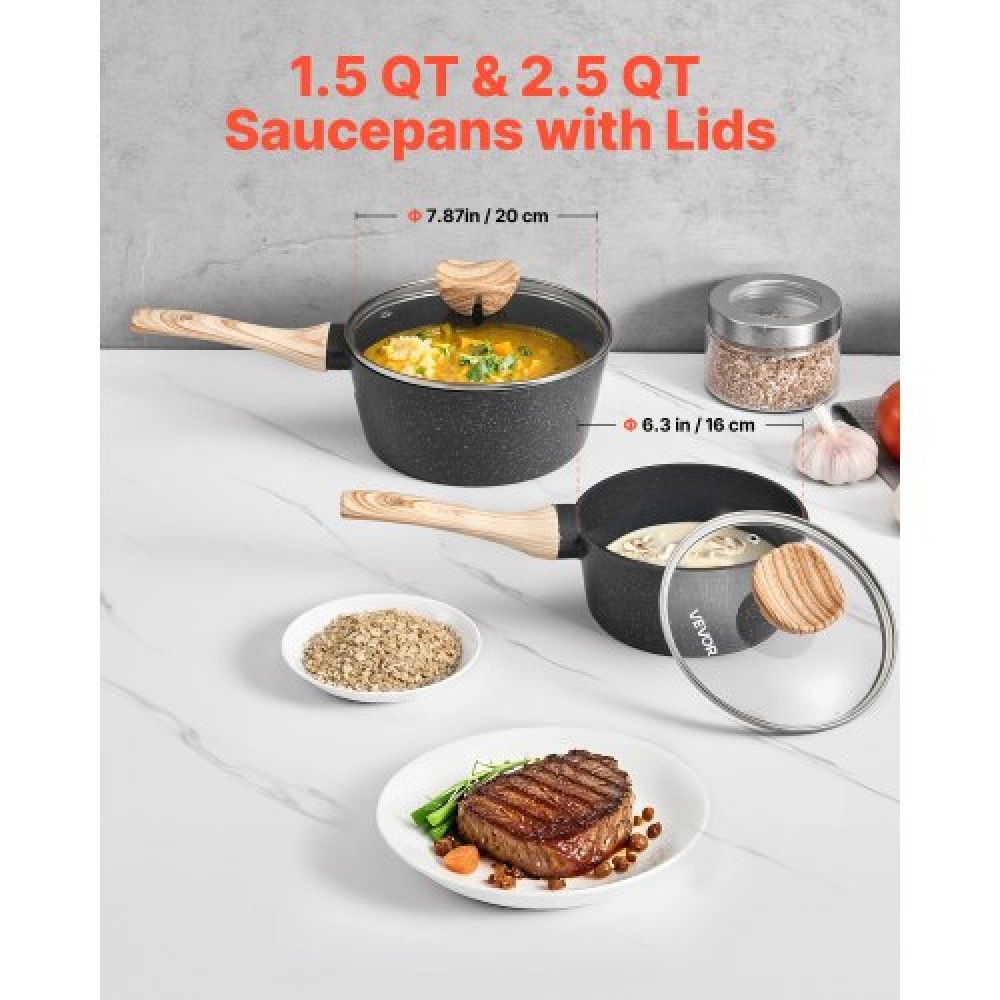 VEVOR Saucepan Set, 1.5 QT & 2.5 QT Nonstick Saucepan with Glass Lids, Multipurpose Cooking Sauce Pots with Detachable Handles, Sauce Pan Kitchen Cooking Pot with Coating, Induction Compatible, Black