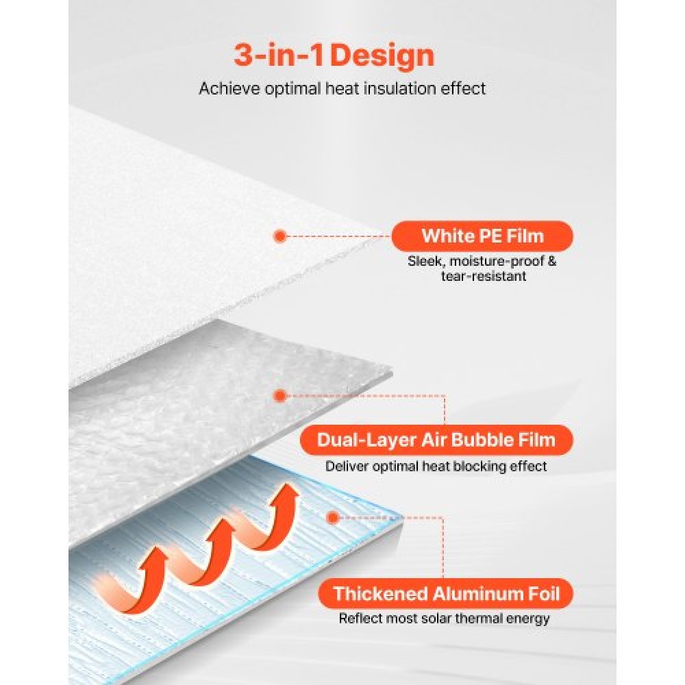 VEVOR Reflective Insulation Roll, Double-Layer Air Bubble Radiant Barrier, 6mm 30.48 m x 1.22 m, Aluminum Foil White PE Film Heat Reflective Shield, Thermal Insulation Roll for Garage Door Window RV Roofs