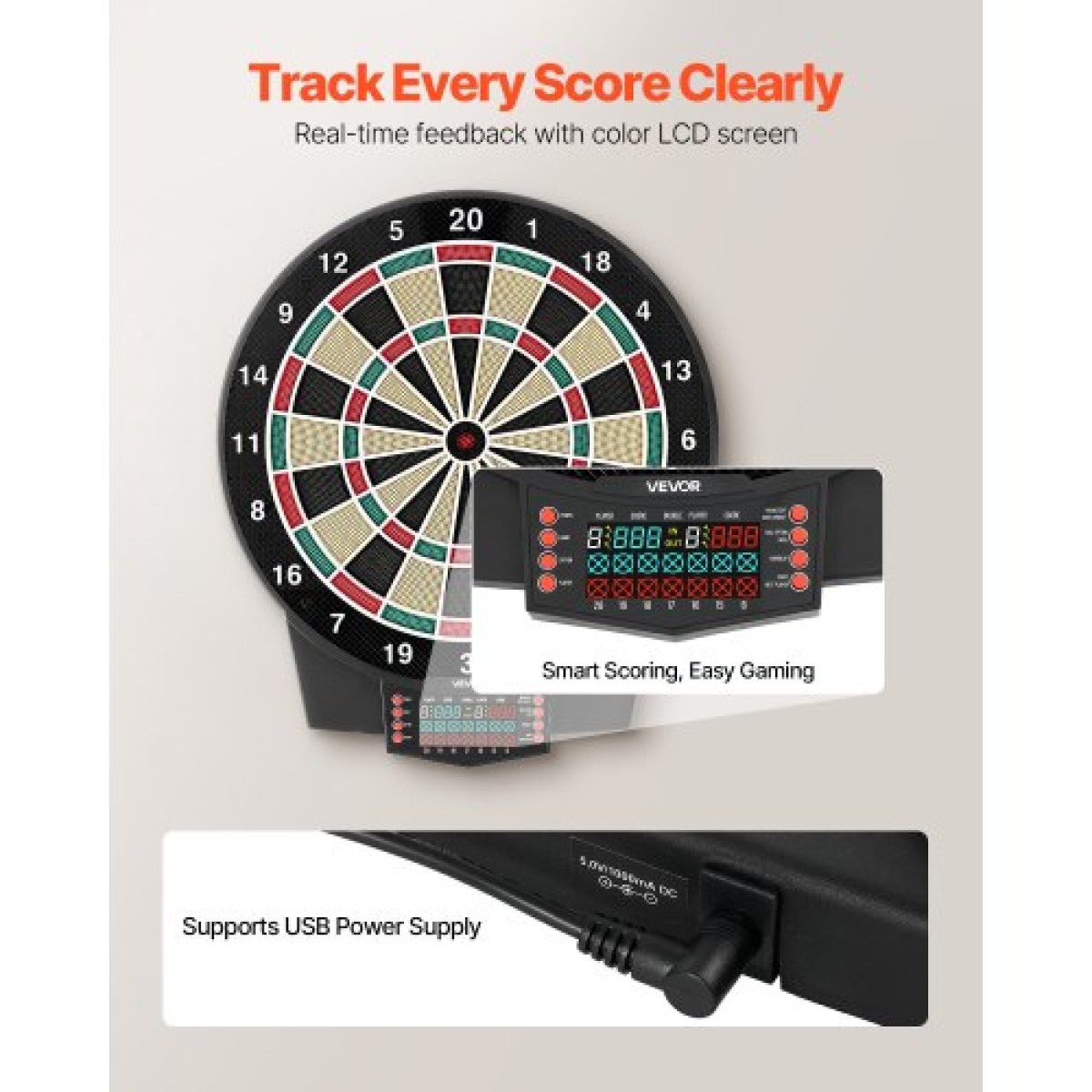 VEVOR Electronic Dart Board, 391mm Target Dartboard με 43 παιχνίδια & 320+ παραλλαγές για έως και 8 παίκτες, 6 άξονες βελών με πτήσεις & 50 soft tips, έγχρωμη οθόνη βαθμολογίας LCD για αίθουσα παιχνιδιών Home Party