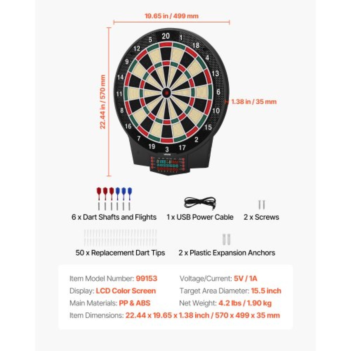 VEVOR Electronic Dart Board, 391mm Target Dartboard με 43 παιχνίδια & 320+ παραλλαγές για έως και 8 παίκτες, 6 άξονες βελών με πτήσεις & 50 soft tips, έγχρωμη οθόνη βαθμολογίας LCD για αίθουσα παιχνιδιών Home Party