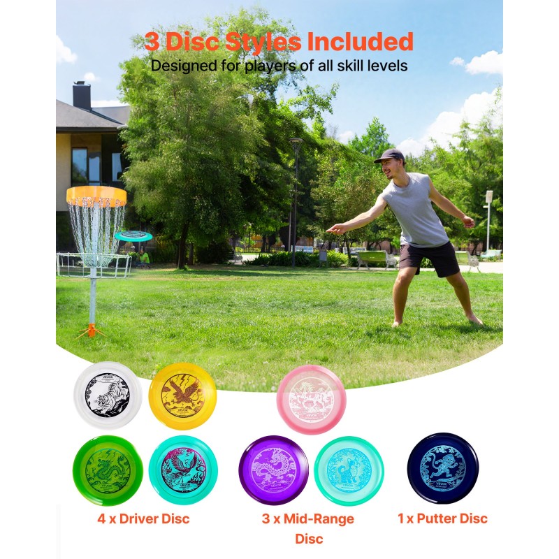 VEVOR Disc Golf Set, 8 Pack Disc Golf Starter Set, Ιπτάμενοι Δίσκοι για αρχάριους για προπόνηση δύναμης σε όλο το σώμα, με Putter, Mid-Range, Driver, PDGA Approved, για υπαίθρια αυλή, γκαζόν, παραλία και πάρκο