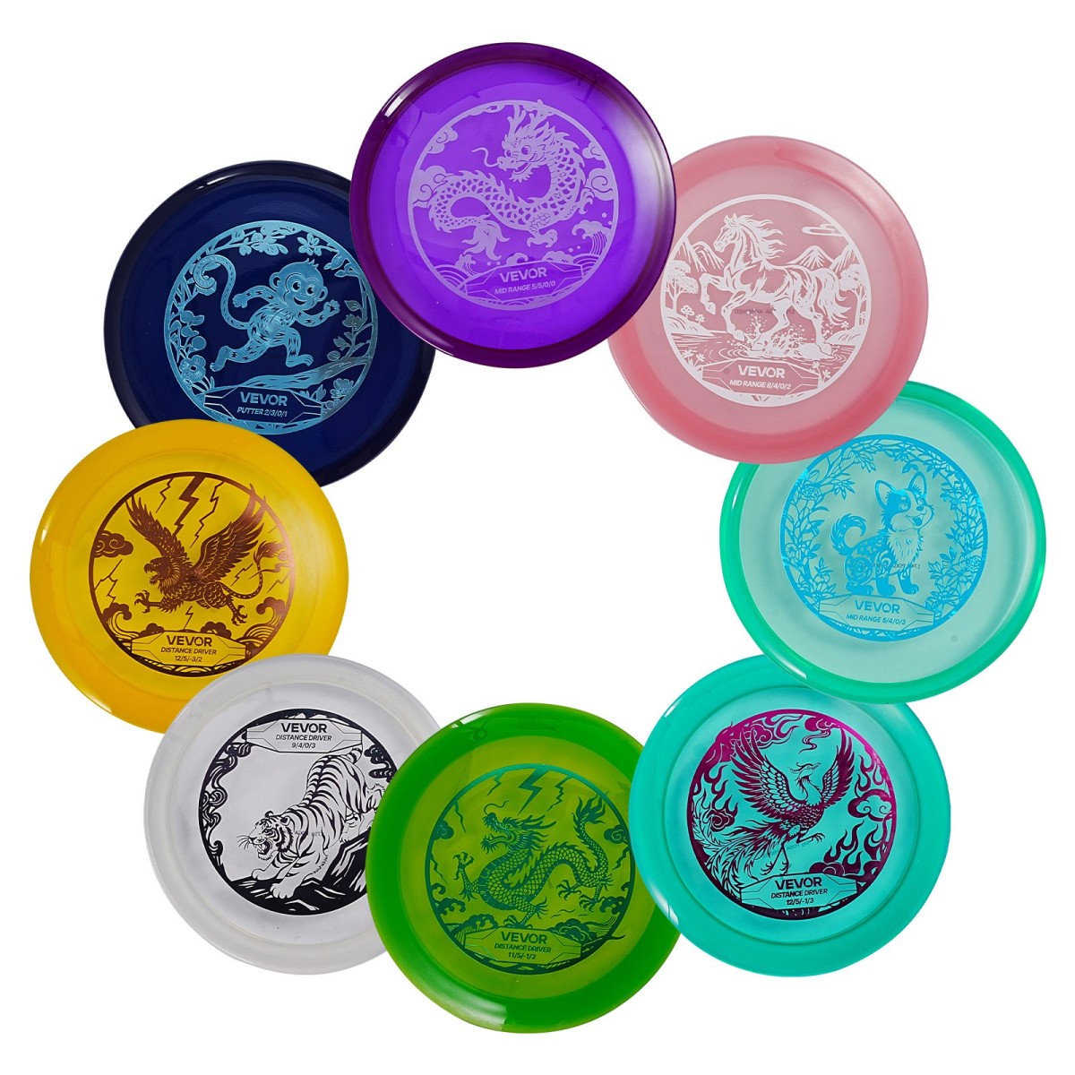 VEVOR Disc Golf Set, 8 Pack Disc Golf Starter Set, Ιπτάμενοι Δίσκοι για αρχάριους για προπόνηση δύναμης σε όλο το σώμα, με Putter, Mid-Range, Driver, PDGA Approved, για υπαίθρια αυλή, γκαζόν, παραλία και πάρκο