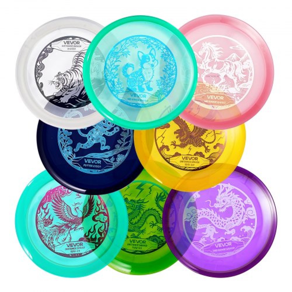 VEVOR Disc Golf Set, 8 Pack Disc Golf Starter Set, Ιπτάμενοι Δίσκοι για αρχάριους για προπόνηση δύναμης σε όλο το σώμα, με Putter, Mid-Range, Driver, PDGA Approved, για υπαίθρια αυλή, γκαζόν, παραλία και πάρκο