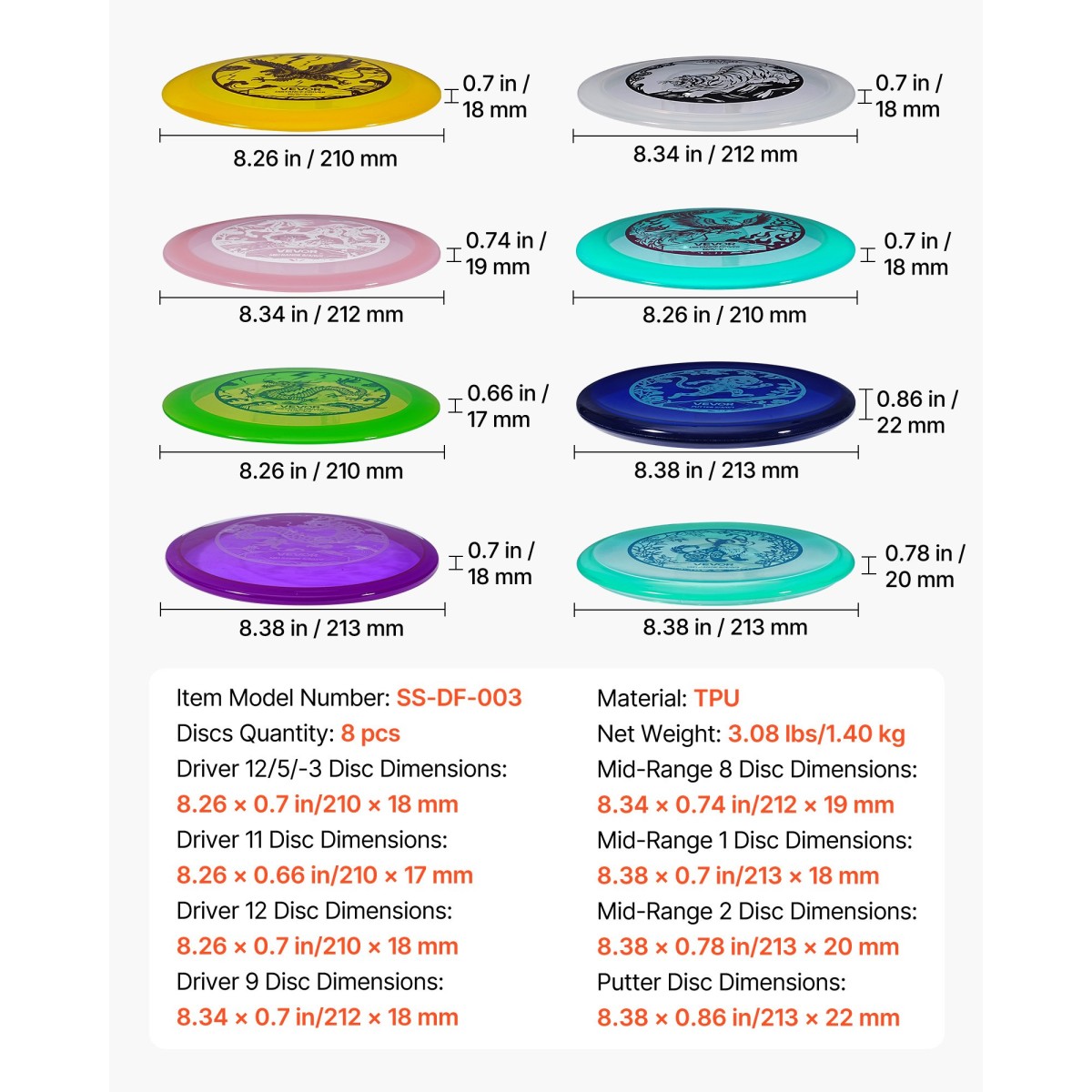VEVOR Disc Golf Set, 8 Pack Disc Golf Starter Set, Ιπτάμενοι Δίσκοι για αρχάριους για προπόνηση δύναμης σε όλο το σώμα, με Putter, Mid-Range, Driver, PDGA Approved, για υπαίθρια αυλή, γκαζόν, παραλία και πάρκο