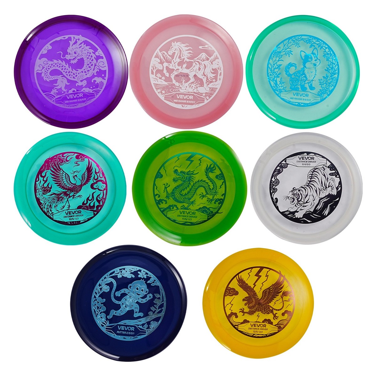 VEVOR Disc Golf Set, 8 Pack Disc Golf Starter Set, Ιπτάμενοι Δίσκοι για αρχάριους για προπόνηση δύναμης σε όλο το σώμα, με Putter, Mid-Range, Driver, PDGA Approved, για υπαίθρια αυλή, γκαζόν, παραλία και πάρκο